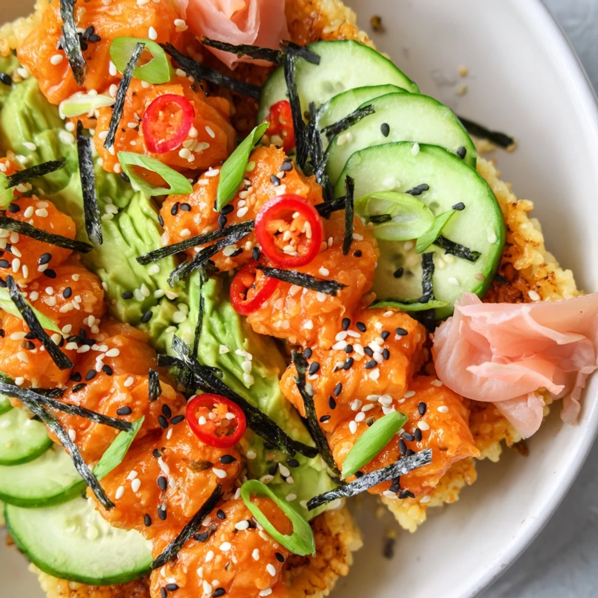 A close-up of a homemade Spicy Salmon Crispy Rice Bowl with avocado, cucumber, and toasted sesame seeds.