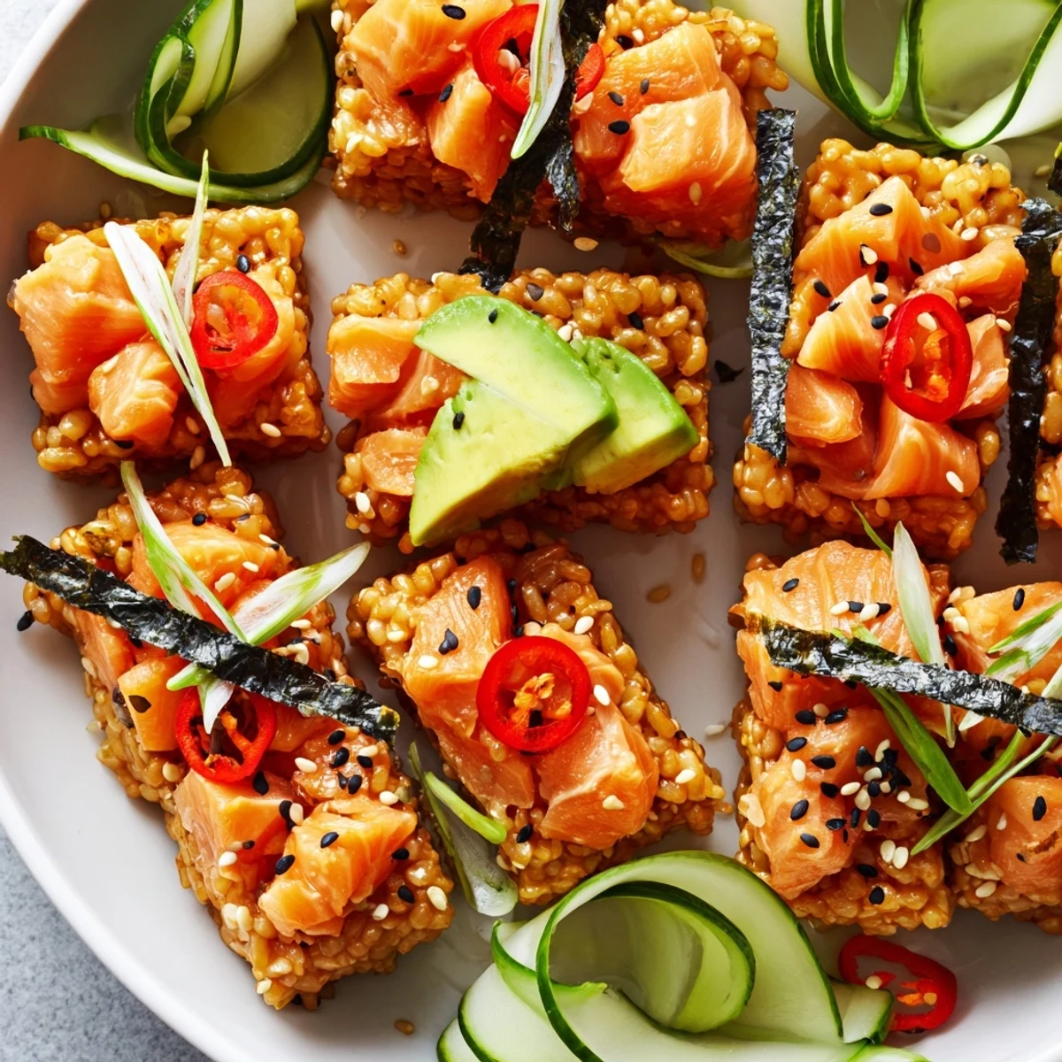 Golden, crispy rice rectangles topped with spicy salmon, creamy avocado slices, and fresh green onions in a vibrant bowl.
