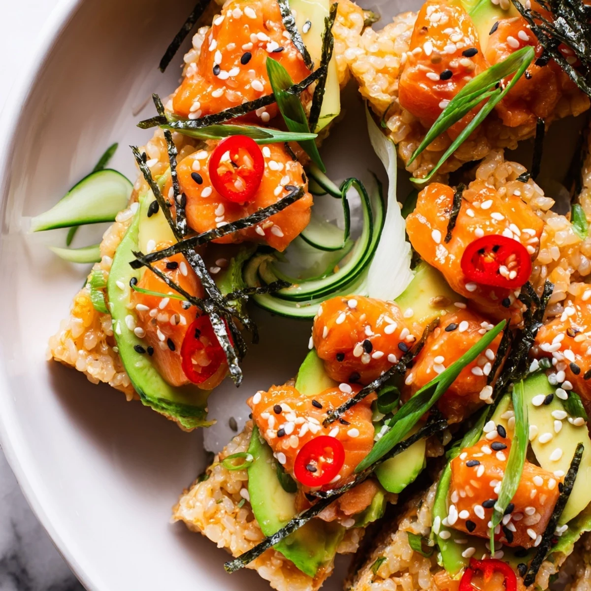 Assembled Spicy Salmon Crispy Rice Bowl with spicy salmon, avocado, and nori strips ready to serve.