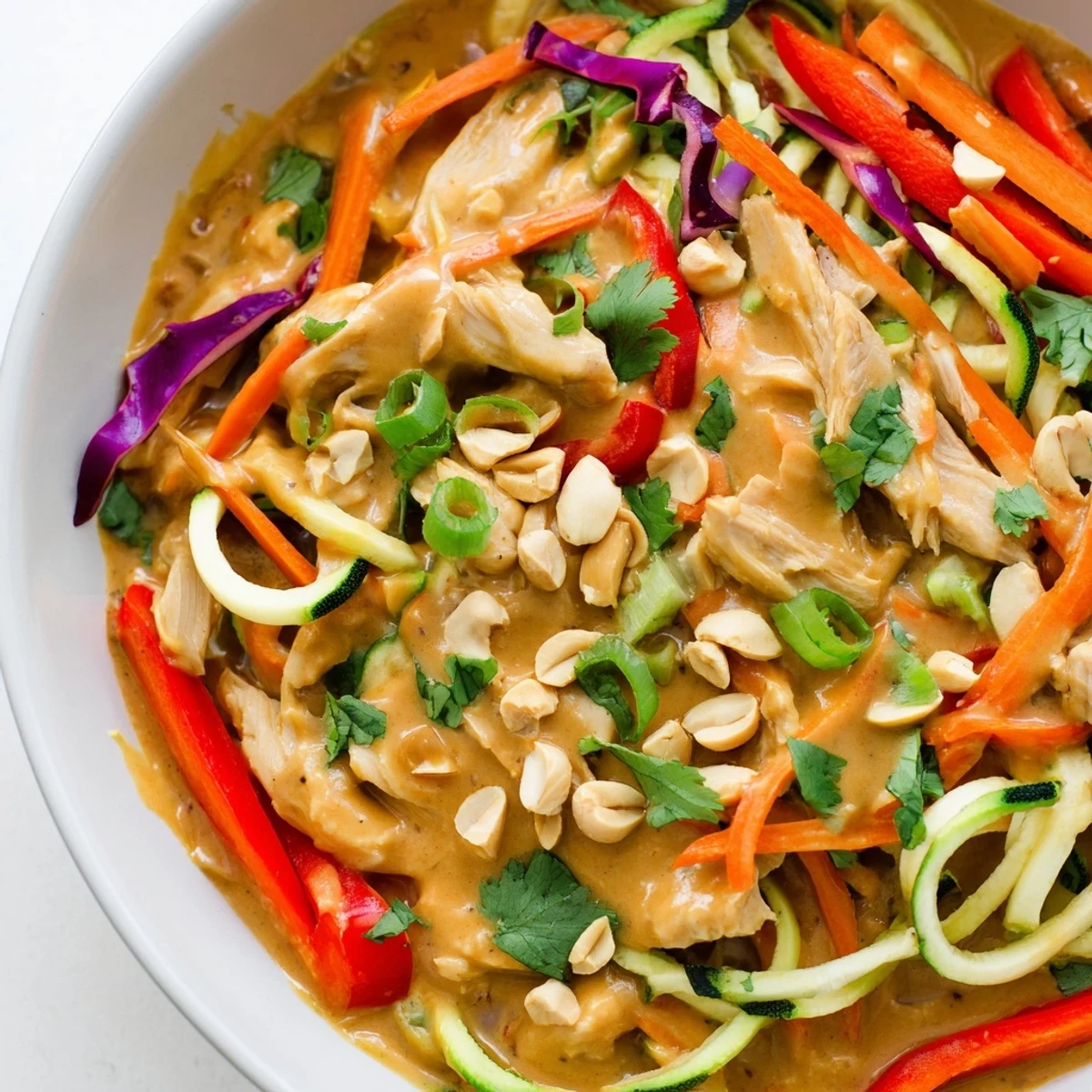 Thai Inspired Peanut Chicken Zoodle Bowl with sautéed chicken and spiralized zucchini noodles topped with creamy peanut sauce and crunchy peanuts.