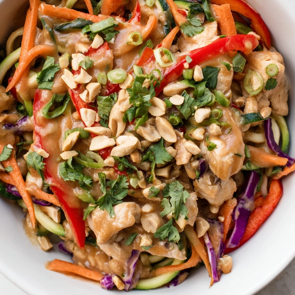 Serving suggestion for Thai Inspired Peanut Chicken Zoodle Bowl with red bell pepper, carrots, and a drizzle of savory peanut sauce.