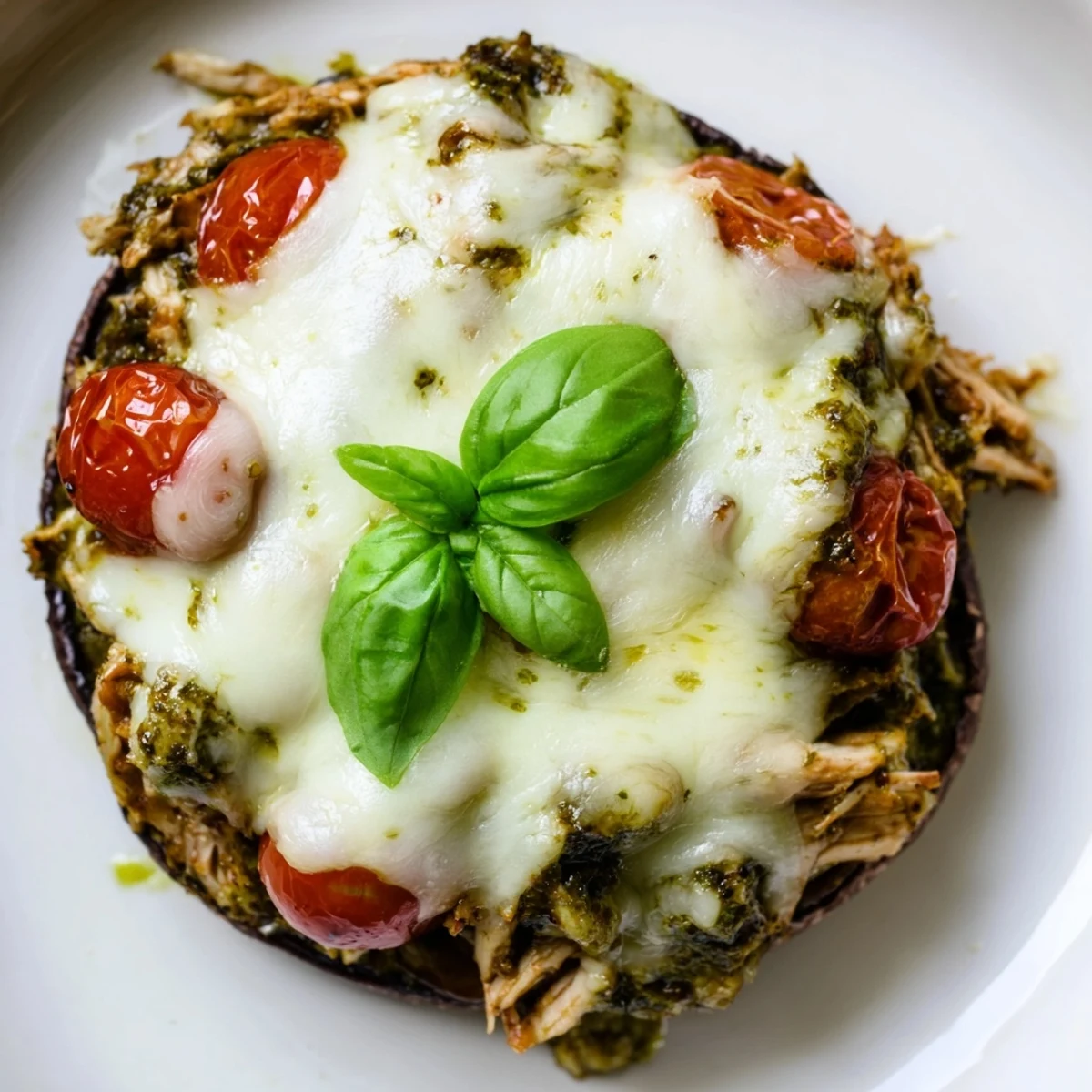 Four hearty Pesto Chicken Stuffed Portobello Mushrooms served warm on a rustic plate for dinner.