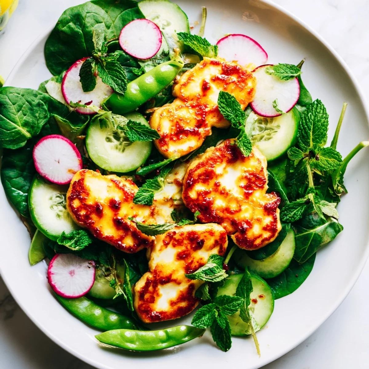 Golden-fried halloumi slices topped with hot honey drizzle over a bed of fresh spring greens like spinach, arugula, cucumber, and radish slices for a vibrant Mediterranean-inspired main dish. 