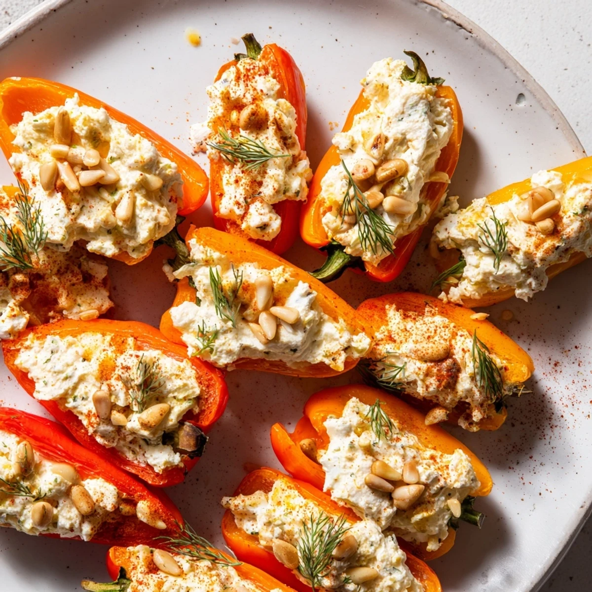 A close-up view of Whipped Feta Stuffed Mini Peppers, showing the smooth feta filling and smoky paprika sprinkled on top, perfect for a healthy snack.