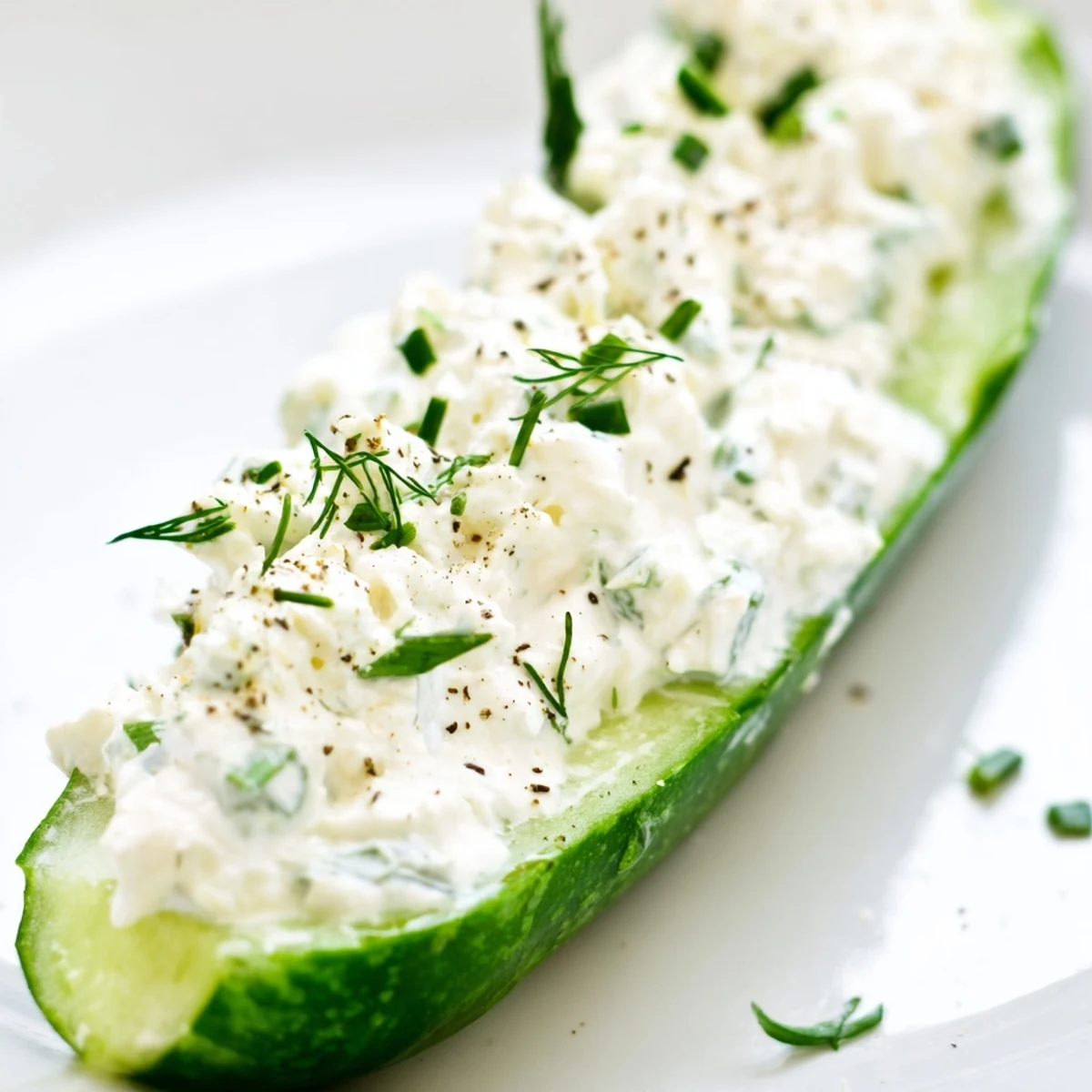 Freshly made Cottage Cheese Ranch Cucumber Boats filled with creamy herb cottage cheese, served chilled on a white plate.