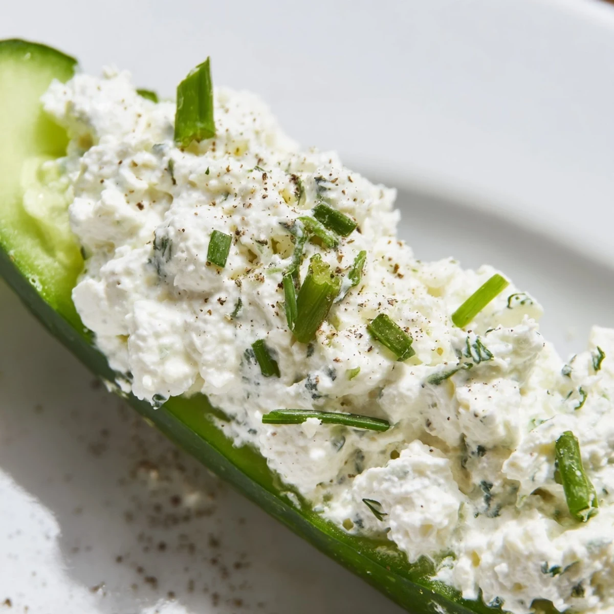 Sliced cucumber boats topped with creamy Cottage Cheese Ranch filling and fresh chopped herbs, arranged for a healthy appetizer.