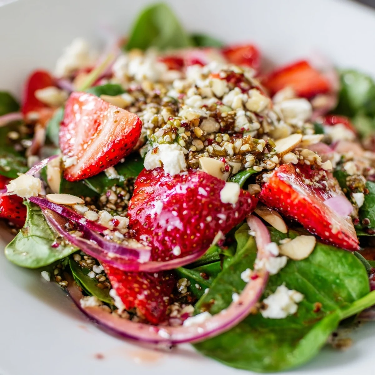 Bright red strawberries and baby spinach topped with crunchy balsamic hemp seeds in this Strawberry Spinach Salad With Balsamic Hemp Crunch.