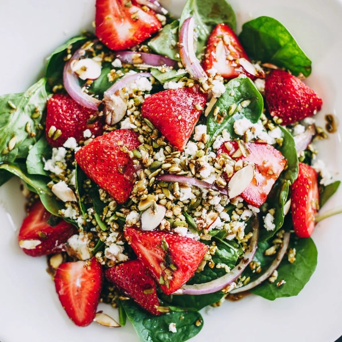 A close look at the vibrant Strawberry Spinach Salad With Balsamic Hemp Crunch served on a white plate.