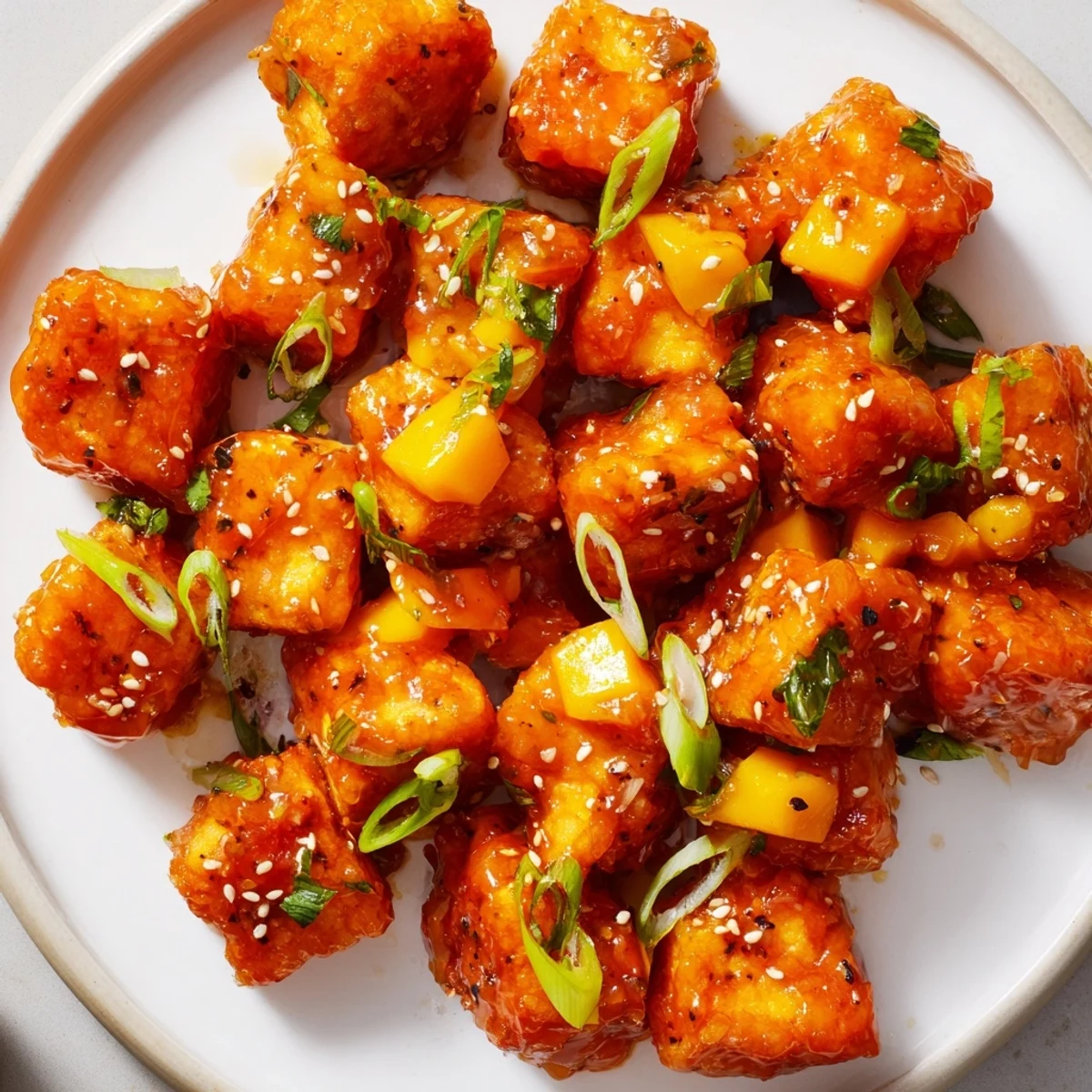 Golden fried tofu cubes tossed in sweet mango chili glaze, ready to serve over steamed rice.