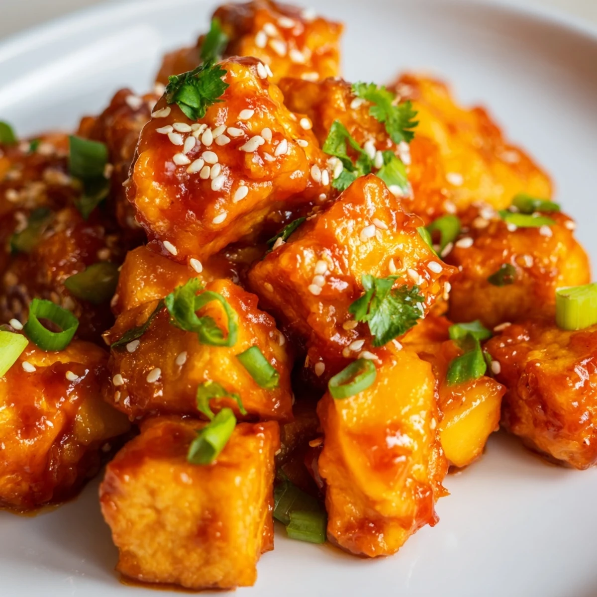 A vibrant serving of Crispy Tofu With Mango Chili Glaze garnished with green onions and sesame seeds.