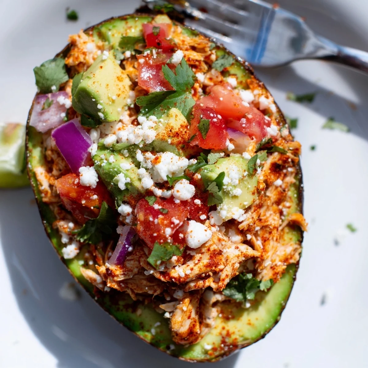Ripe avocado halves filled with smoky chipotle chicken stuffed avocados, garnished with fresh cilantro and lime wedges.