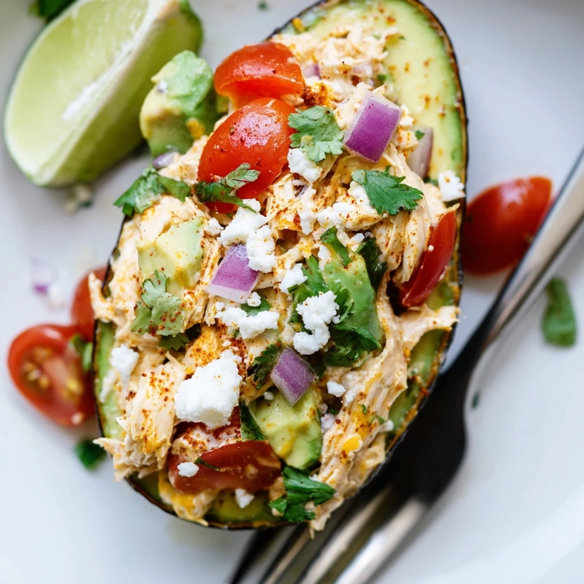 Serving platter of smoky chipotle chicken stuffed avocados topped with cotija cheese, red onion, and diced tomatoes.