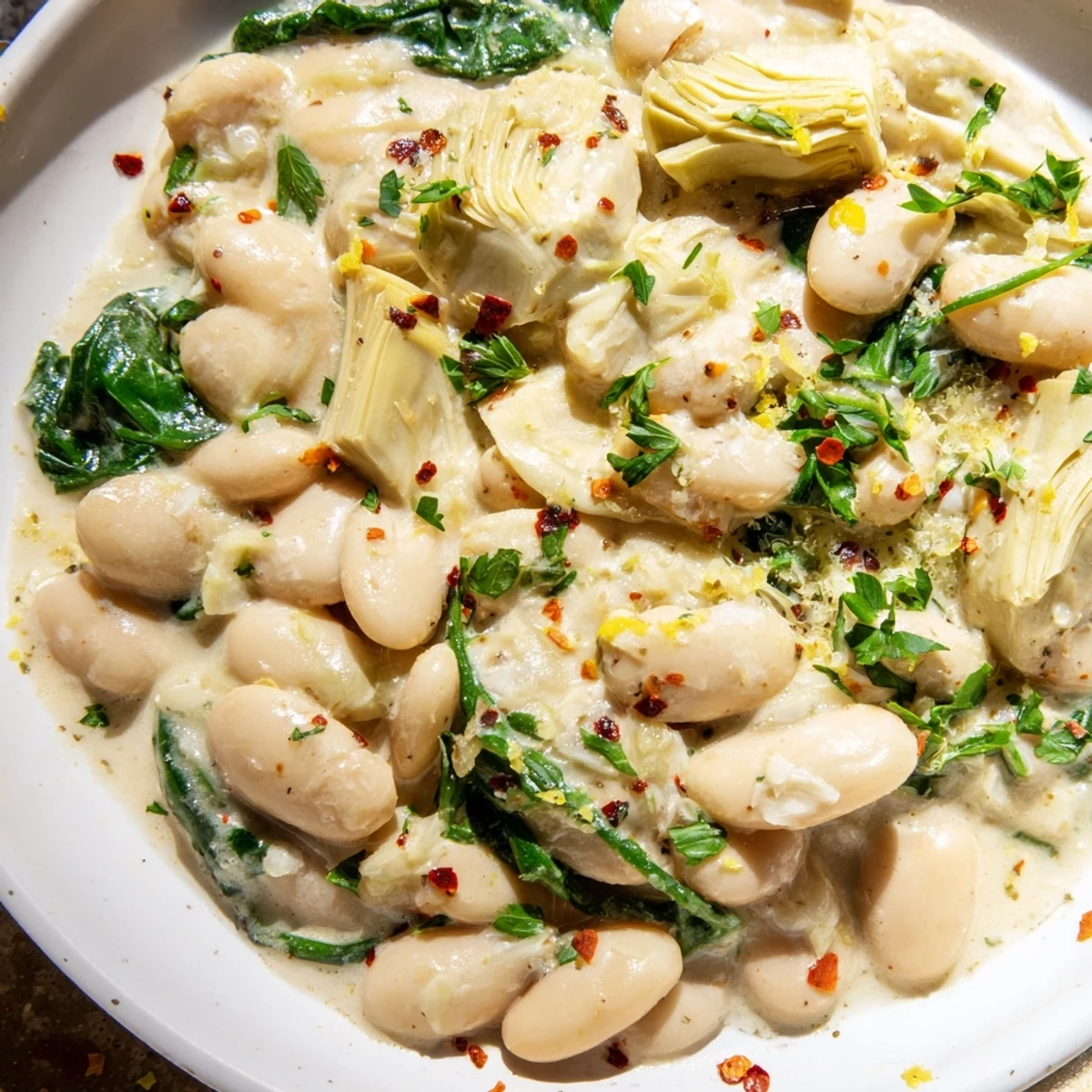 Creamy White Bean and Artichoke Skillet served warm, glistening with herby sauce, fresh parsley garnish, and a slice of crusty bread.