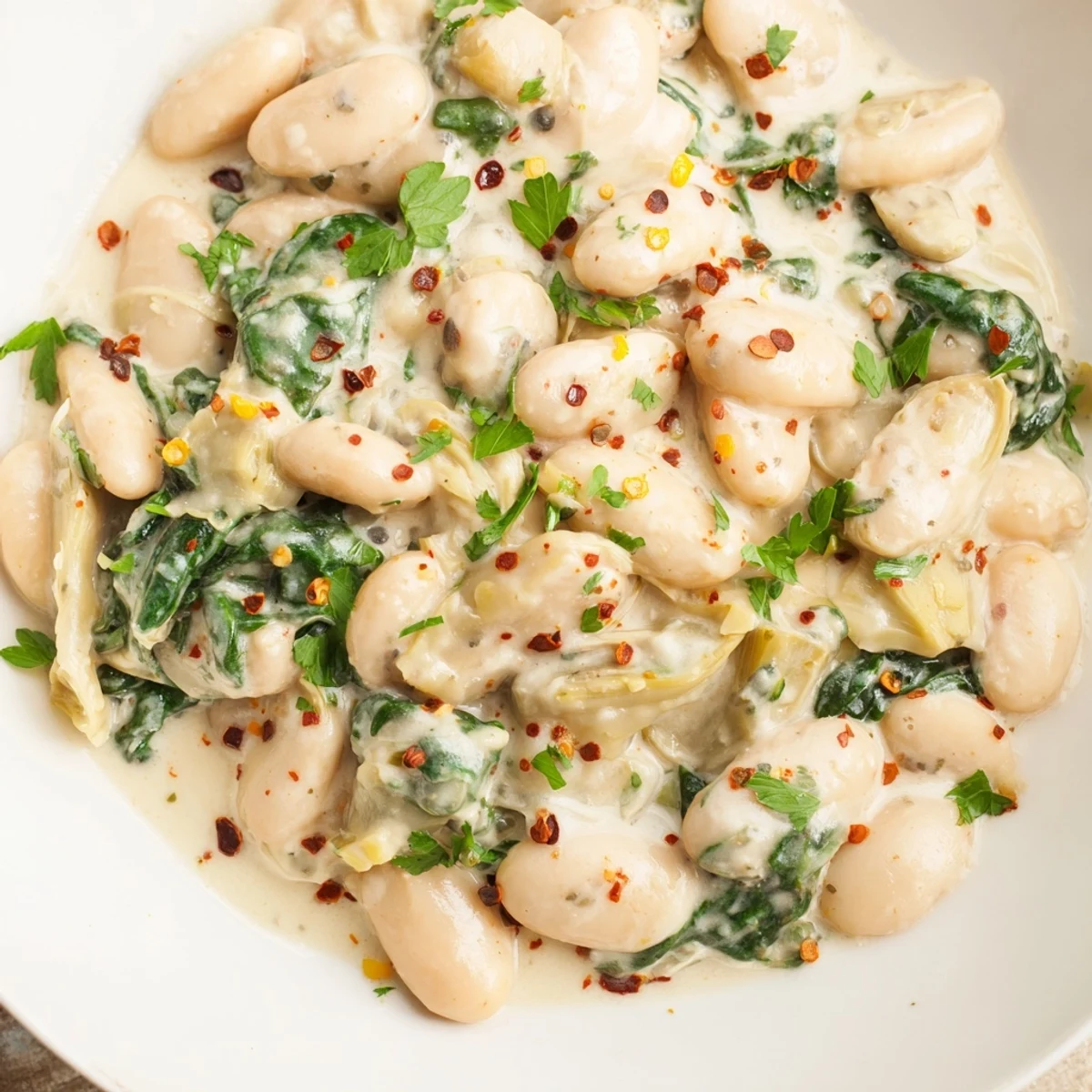 A close-up of Creamy White Bean and Artichoke Skillet, tender beans and artichokes in a creamy sauce, spoon ready to serve.