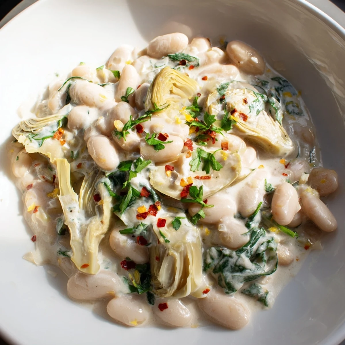 Vibrant Creamy White Bean and Artichoke Skillet in a cast iron pan, steam rising, lemon zest and thyme for Mediterranean flavor.