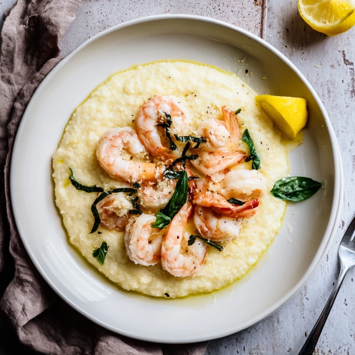 A close-up view of Lemon Basil Shrimp With Cauliflower Grits topped with fresh basil and lemon wedges on a rustic plate. 
