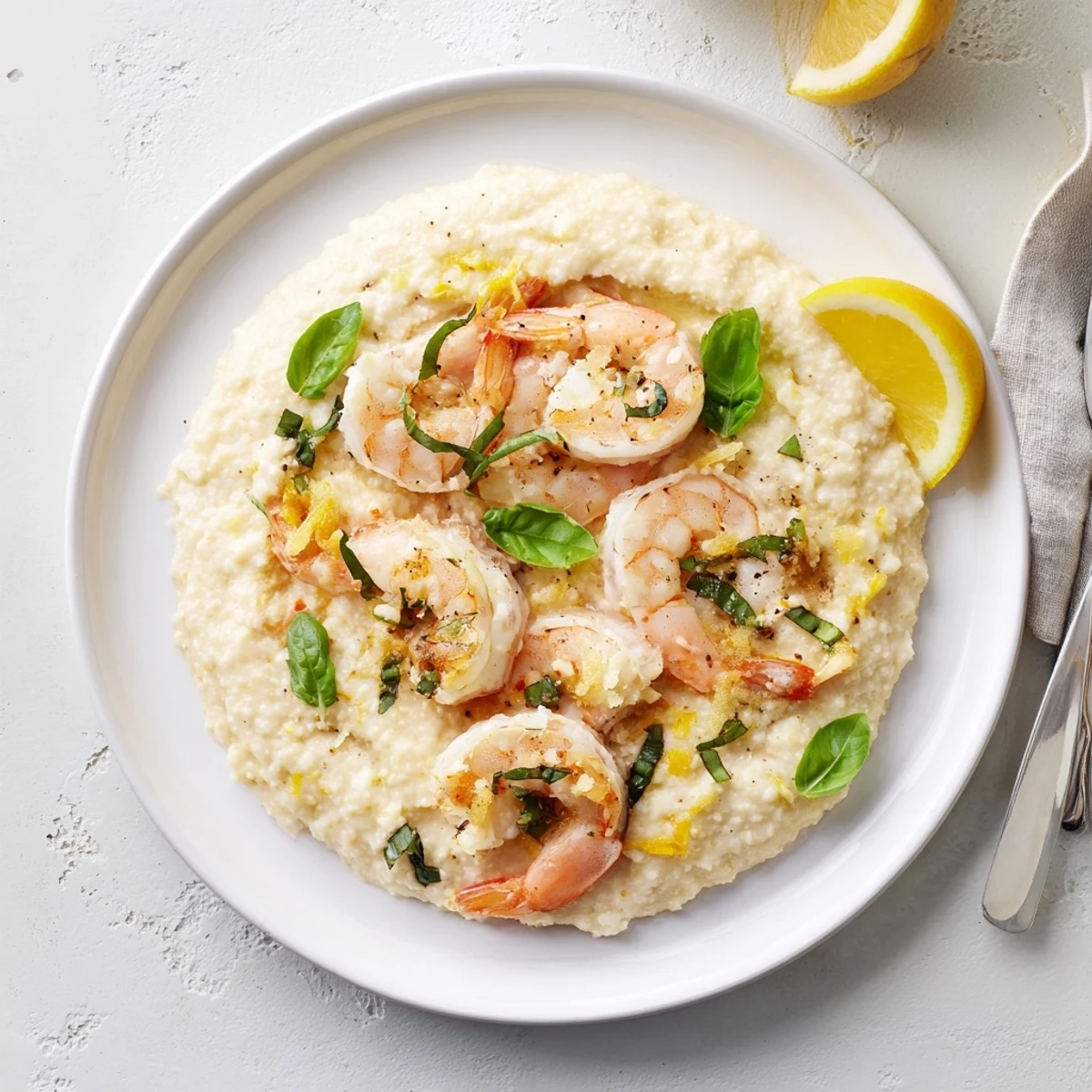 Succulent shrimp over creamy Lemon Basil Shrimp With Cauliflower Grits with fresh basil and butter on top.