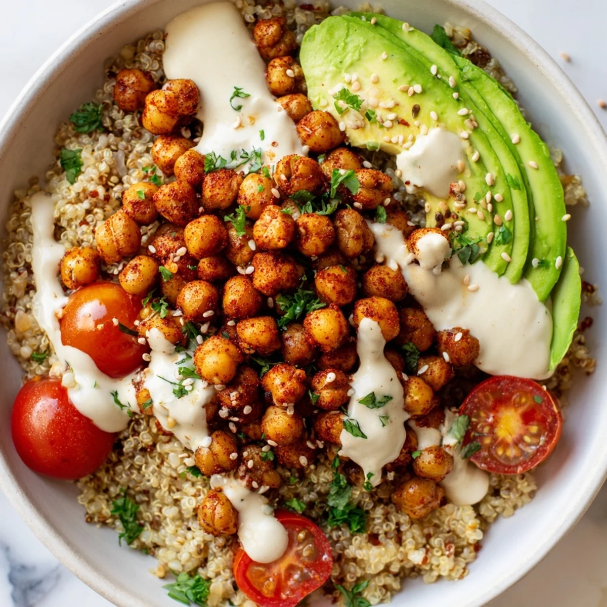 Freshly roasted cauliflower quinoa base topped with crispy smoked paprika chickpeas and creamy avocado slices, all drizzled with a tangy lemon tahini dressing for a vibrant, nutritious meal.  
