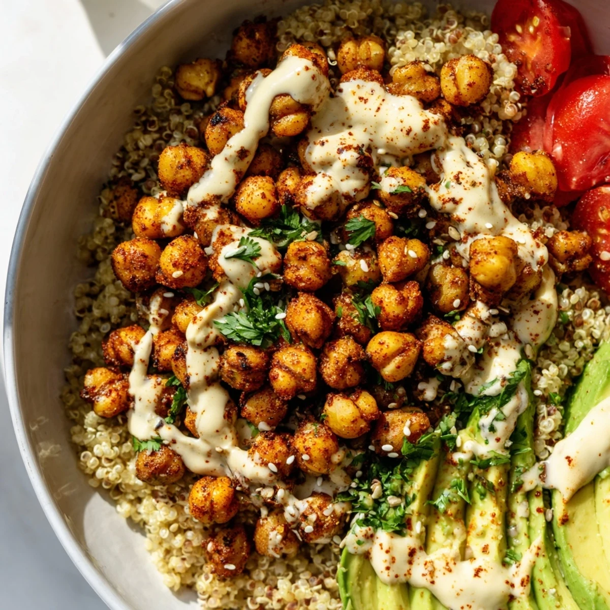 Colorful vegan and gluten-free Lemon Tahini Chickpea and Quinoa-Style Cauliflower Bowl loaded with fresh vegetables, toasted sesame seeds, and a creamy, garlicky dressing for a satisfying Mediterranean-inspired dinner.