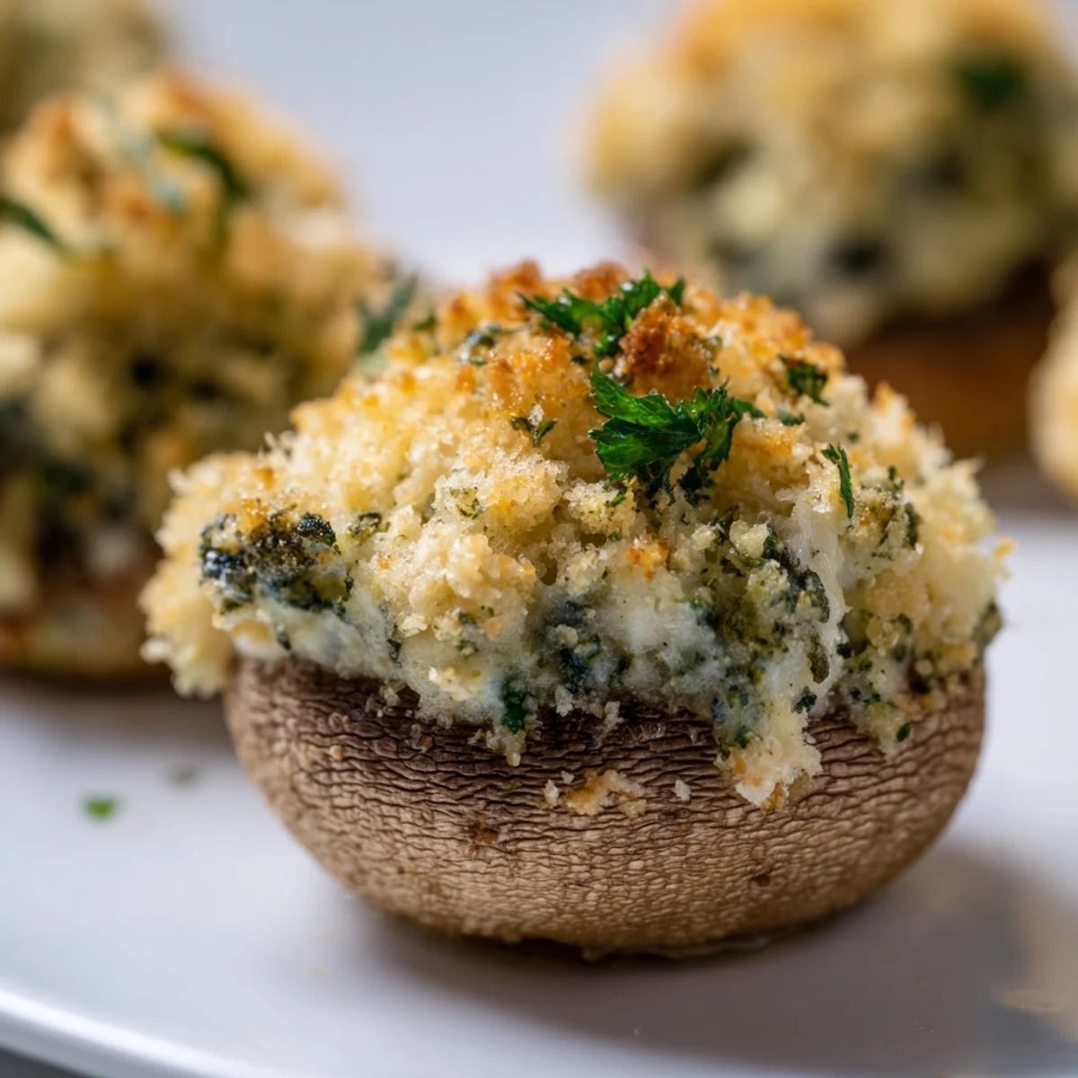 Golden-baked Cottage Cheese Pesto Stuffed Mushrooms with melted parmesan topping, served on a rustic wooden board.
