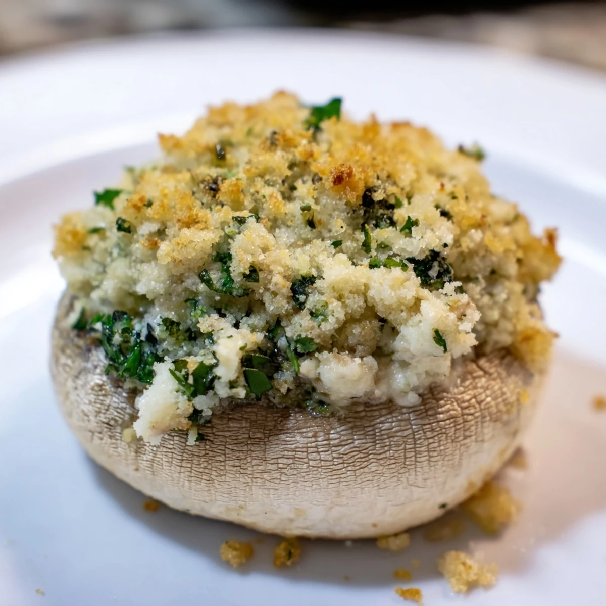 Close-up of Cottage Cheese Pesto Stuffed Mushrooms revealing creamy basil filling, sprinkled with herbs on a dark plate.