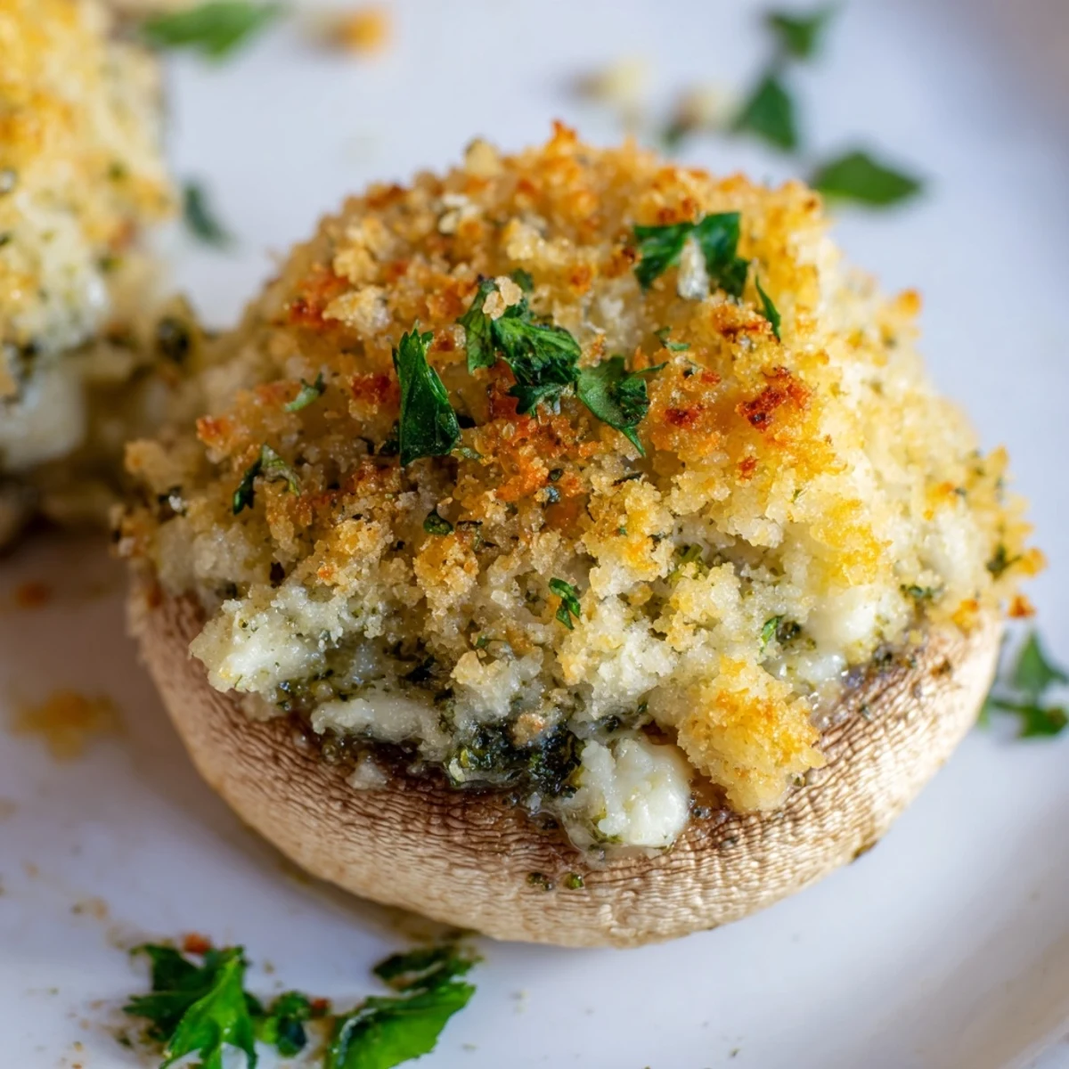 Appetizer platter of Cottage Cheese Pesto Stuffed Mushrooms with golden crumbs, perfect for a vegetarian Italian-inspired dinner.
