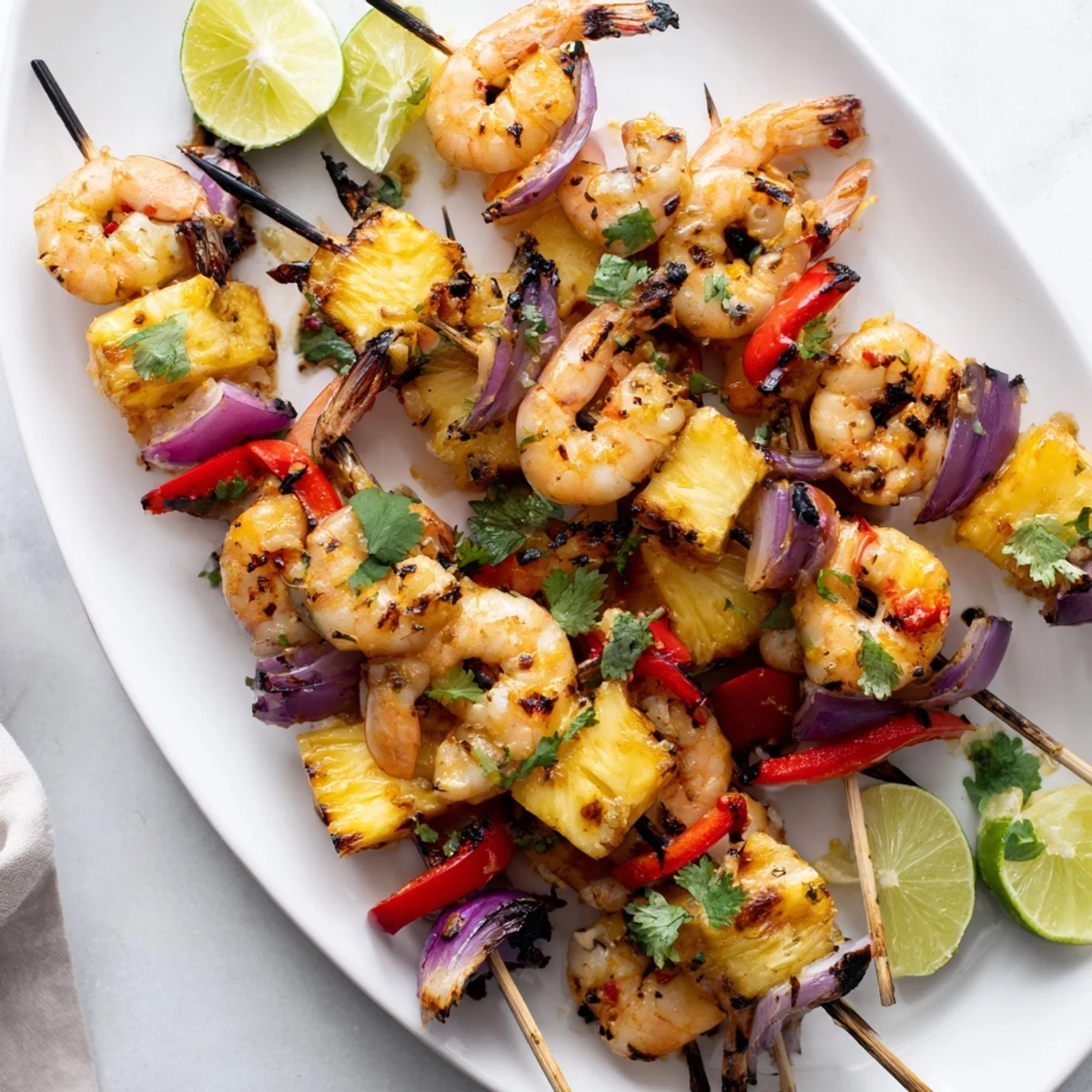 Vibrant Grilled Pineapple and Shrimp Skewers with Chili Lime are shown with charred edges and fresh cilantro garnish.