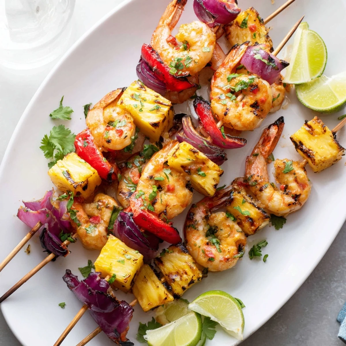 Juicy Grilled Pineapple and Shrimp Skewers with Chili Lime sit on a plate beside lime wedges for serving.