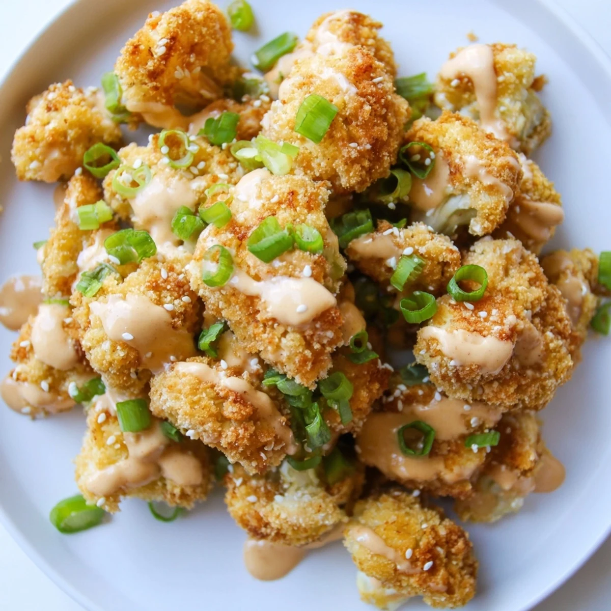 A close-up of Crispy Bang Bang Cauliflower Bites drizzled in creamy spicy sauce, served warm as a perfect vegetarian appetizer.