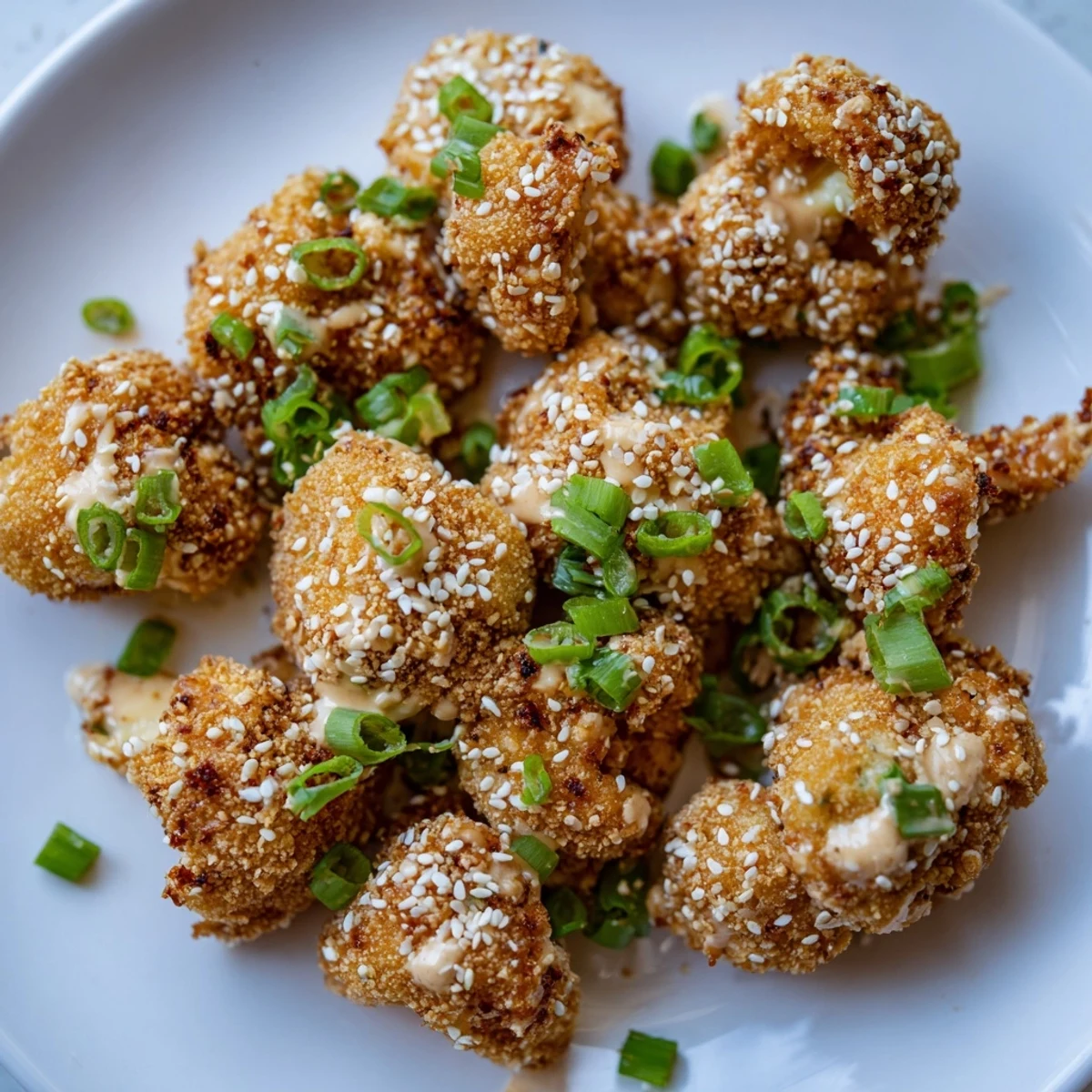 Bite-sized Crispy Bang Bang Cauliflower Bites arranged on a plate, showing a crunchy texture and vibrant garnish for American-Asian fusion cuisine.