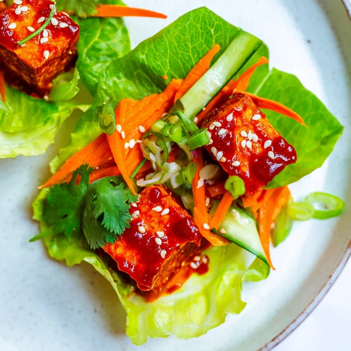 Colorful Spicy Kimchi Tofu Lettuce Cups topped with julienned carrots and cucumbers, garnished with sesame seeds. 