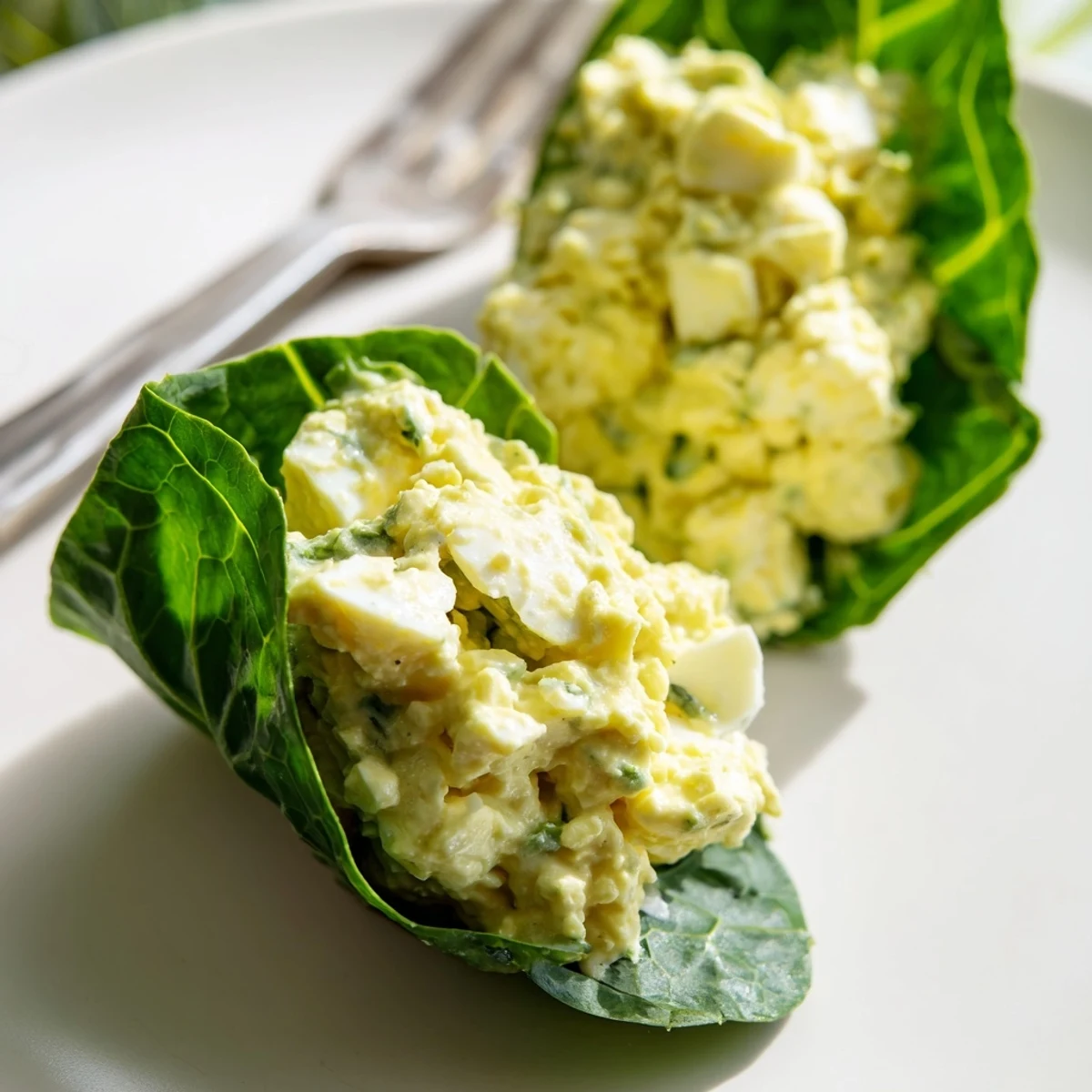 Freshly made avocado egg salad collard wraps filled with creamy egg salad and crisp vegetables.
