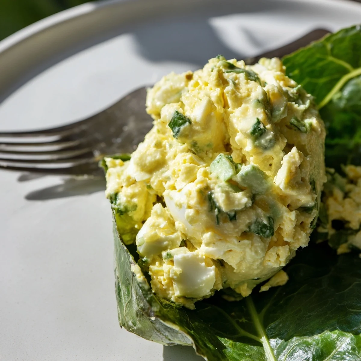Colorful avocado egg salad collard wraps served as a healthy low carb lunch or snack.