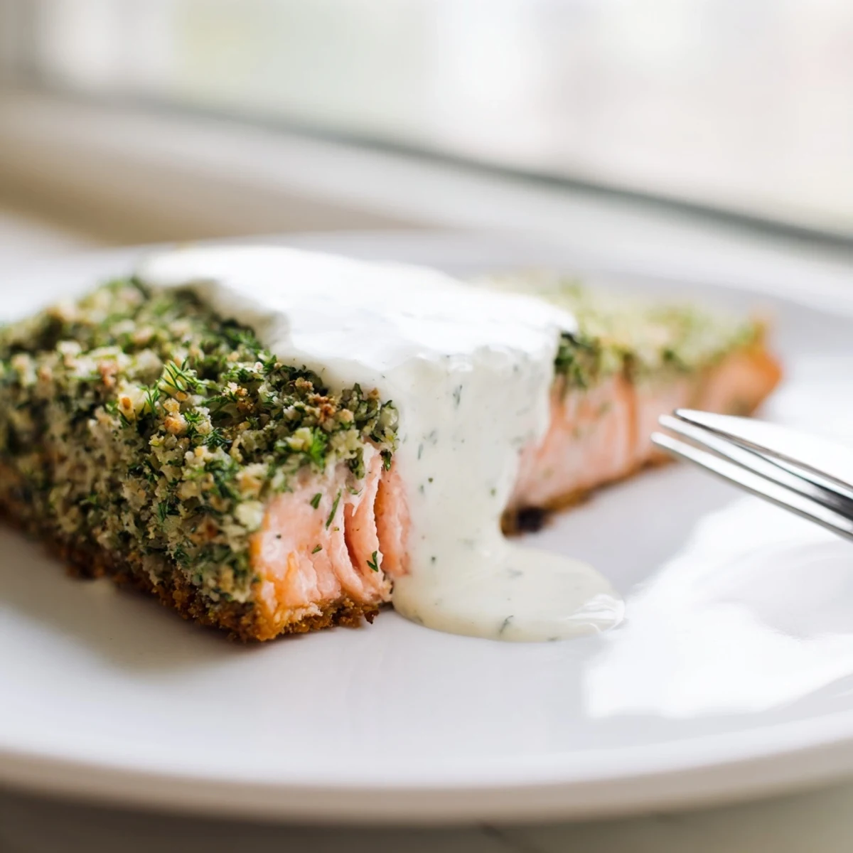 Golden Herb Crusted Salmon With Creamy Dill Sauce plated alongside roasted asparagus for a fresh dinner.