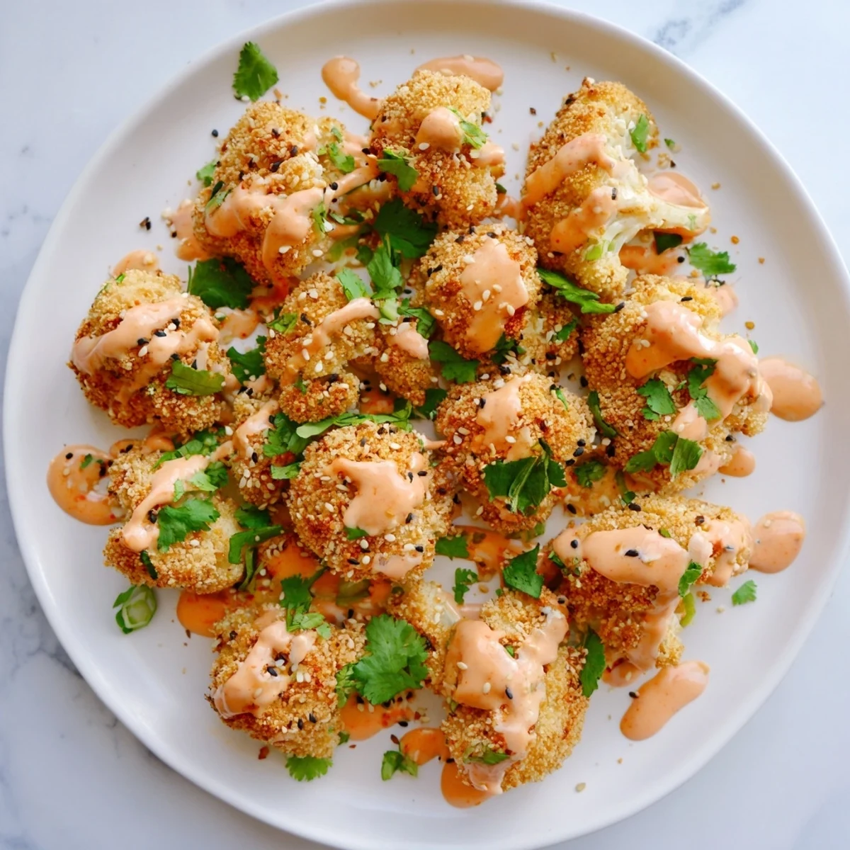 Oven-baked Crispy Bang Bang Cauliflower Bites glistening with sauce, paired with lime wedges for a vegetarian American-Asian fusion appetizer experience.