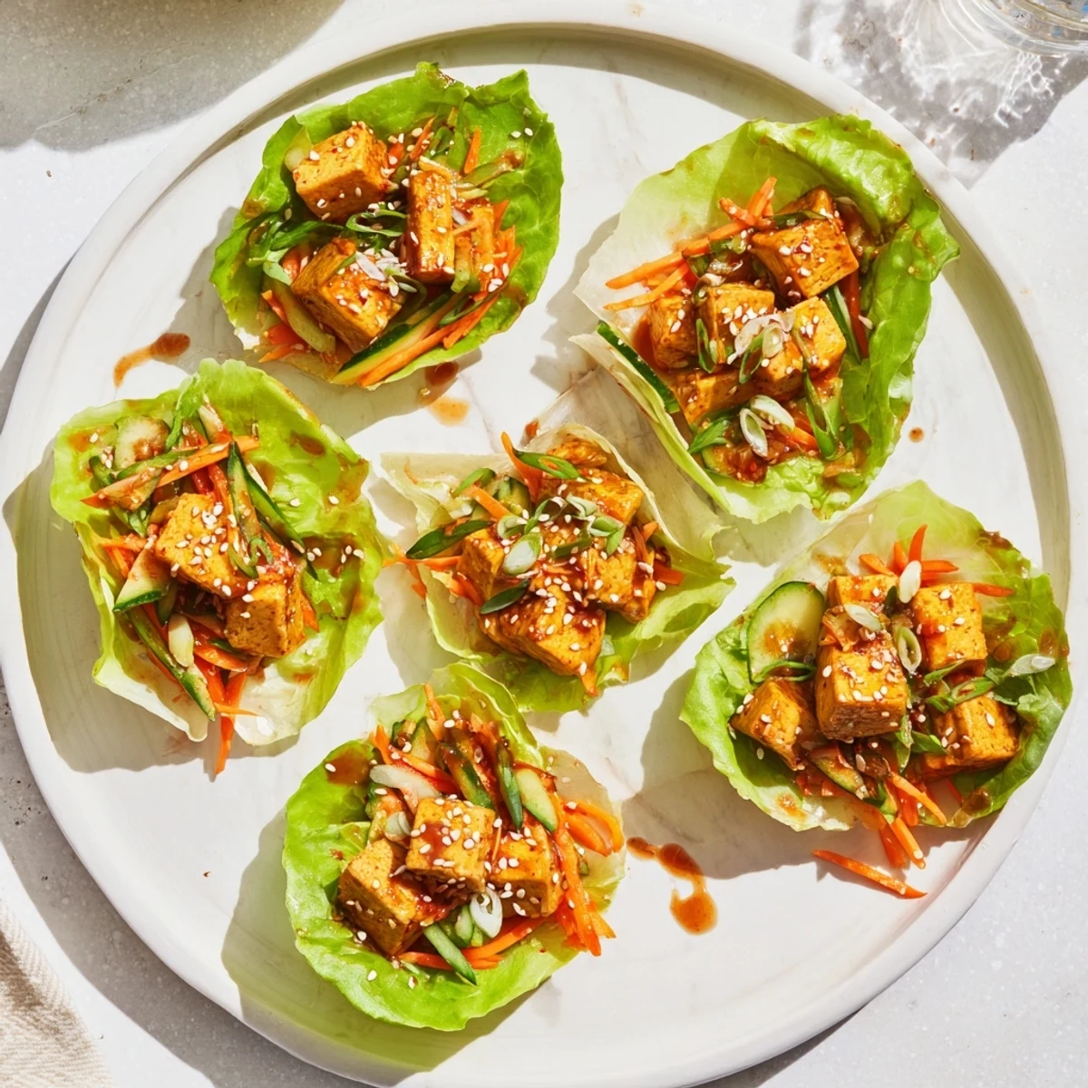 Fresh lettuce cups holding crispy pan-fried tofu and spicy kimchi, drizzled with a punchy gochujang sauce for the Spicy Kimchi Tofu Lettuce Cups.