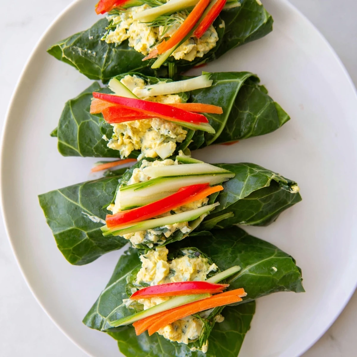 Freshly made Avocado Egg Salad Collard Wraps filled with creamy avocado egg salad and colorful veggies, ready to serve.