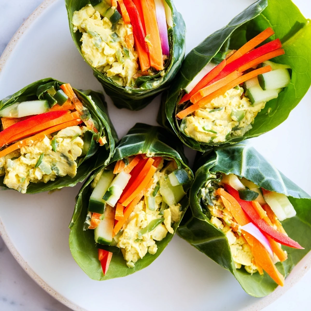 A close-up of Avocado Egg Salad Collard Wraps, highlighting the tender collard greens and the rich, herb-flecked avocado egg salad.