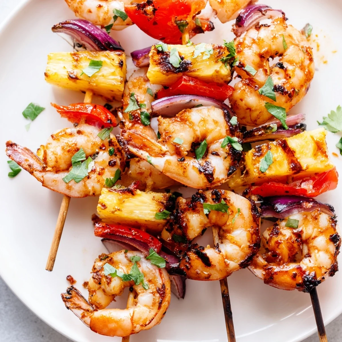 Close-up of juicy grilled pineapple and shrimp skewers garnished with fresh cilantro and chili flakes.