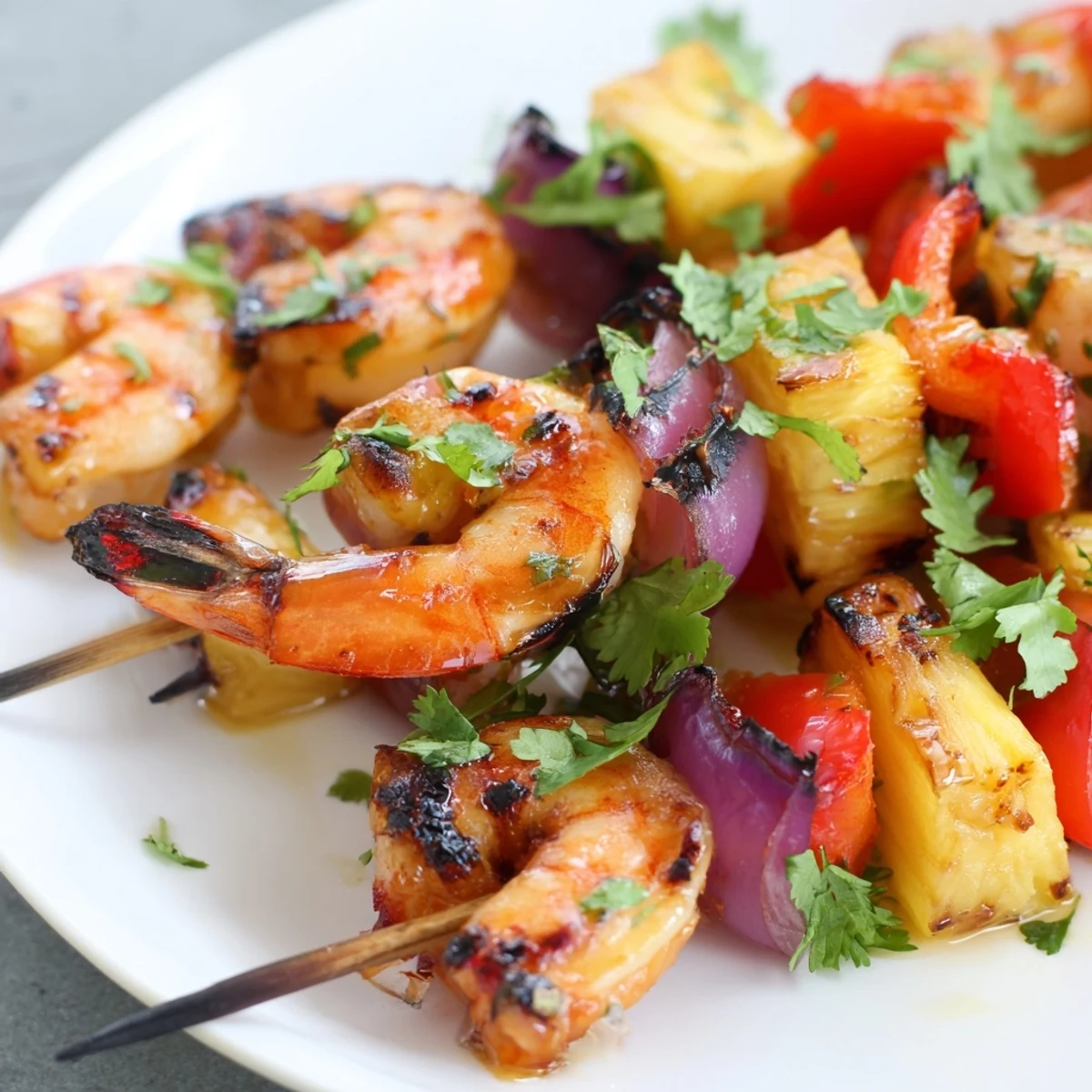 Spicy and sweet Grilled Pineapple and Shrimp Skewers served over fluffy rice with lime wedges.
