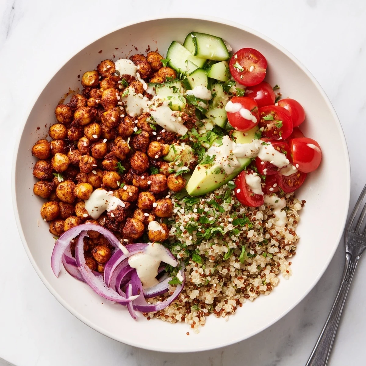 A close-up of Lemon Tahini Chickpea and Quinoa-Style Cauliflower Bowl with roasted chickpeas, avocado, and parsley.
