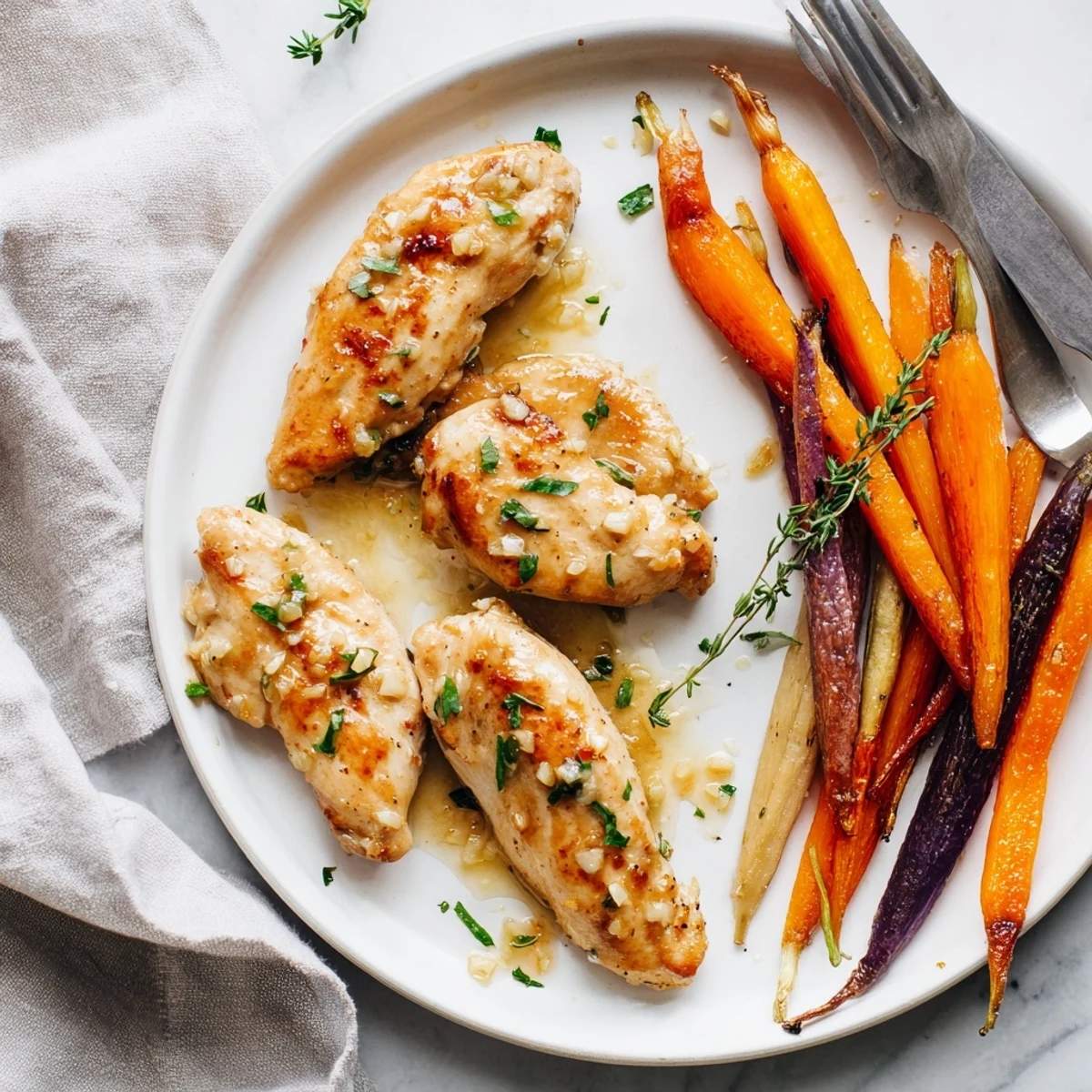 Garlic Butter Chicken With Roasted Rainbow Carrots plated with golden, juicy breasts and tender, caramelized roots.