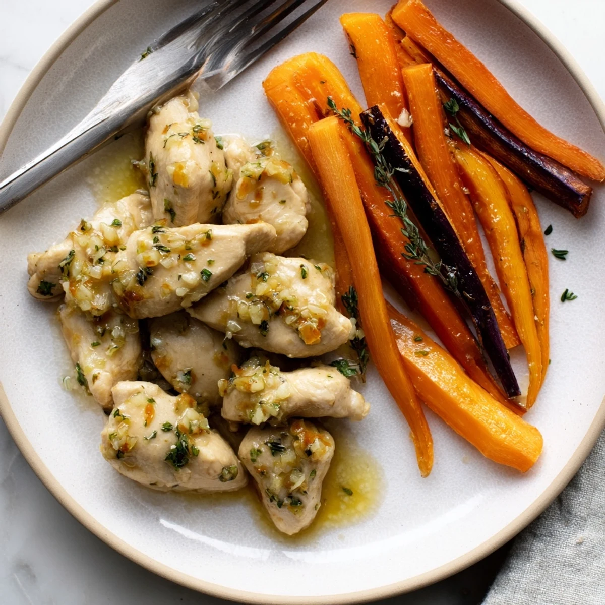 A close-up of Garlic Butter Chicken With Roasted Rainbow Carrots drizzled with glossy garlic butter and herbs.