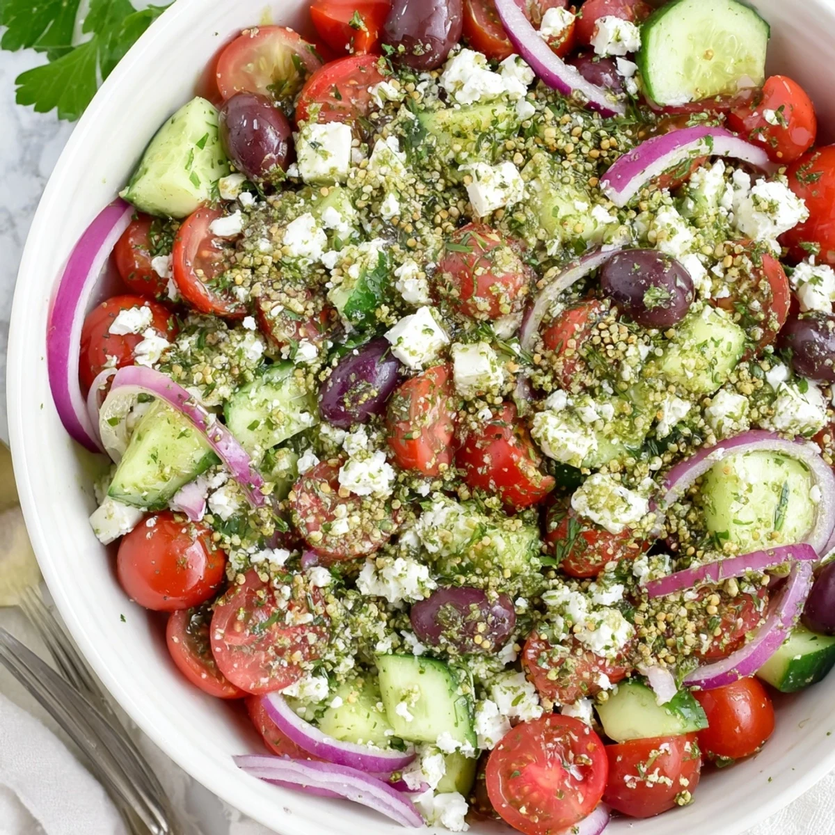 Fresh Mediterranean Cucumber Tomato and Hemp Salad topped with hemp seeds and parsley, served beside grilled pita bread.