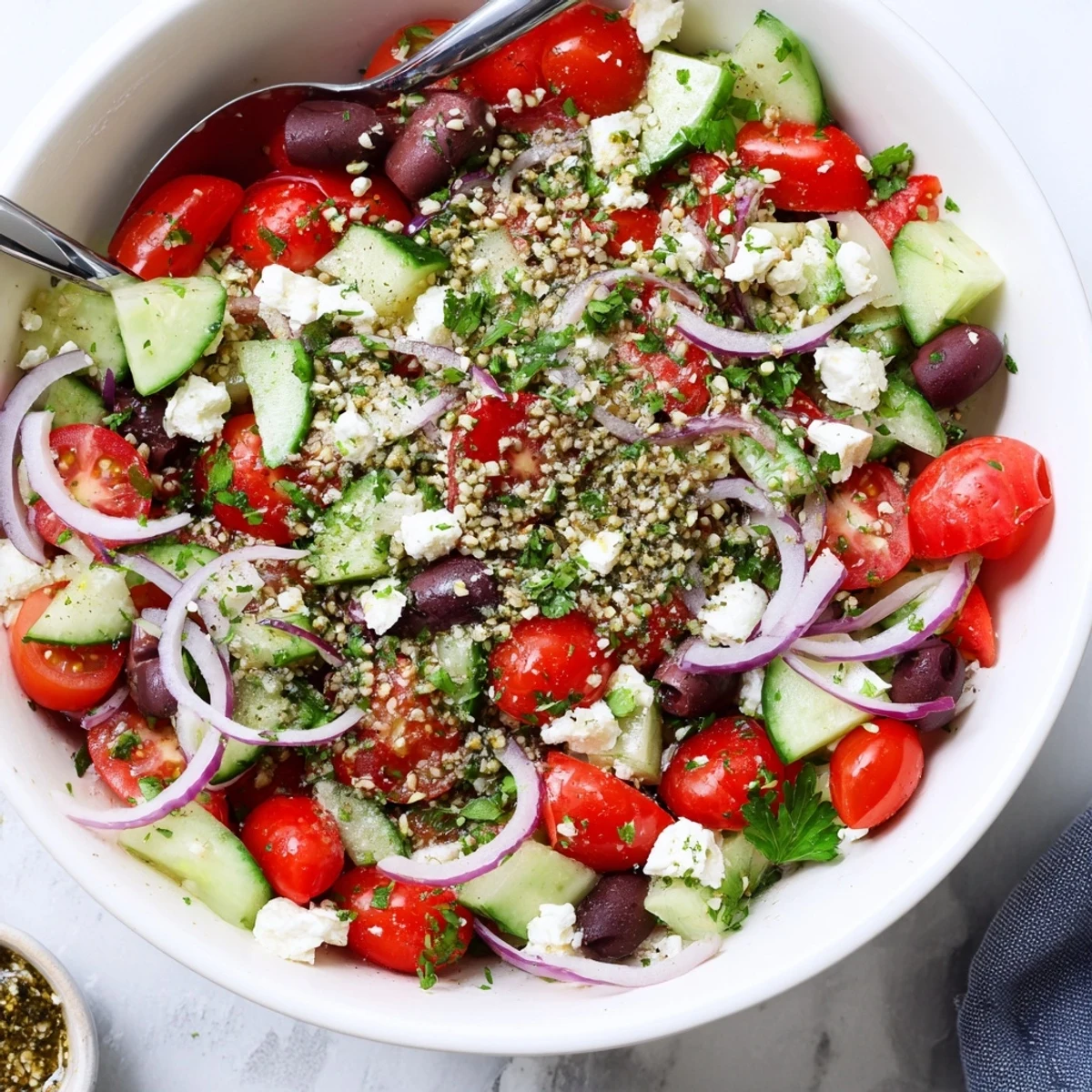 Vibrant Mediterranean Cucumber Tomato and Hemp Salad with crumbled feta and olive oil dressing in a white bowl.