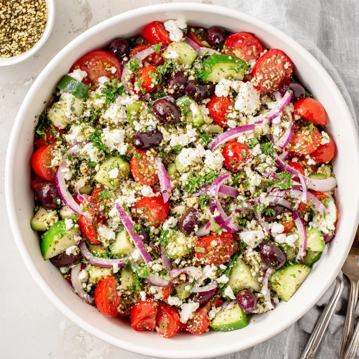 Colorful Mediterranean Cucumber Tomato and Hemp Salad with juicy tomatoes, crisp cucumber, and Kalamata olives on a rustic table.