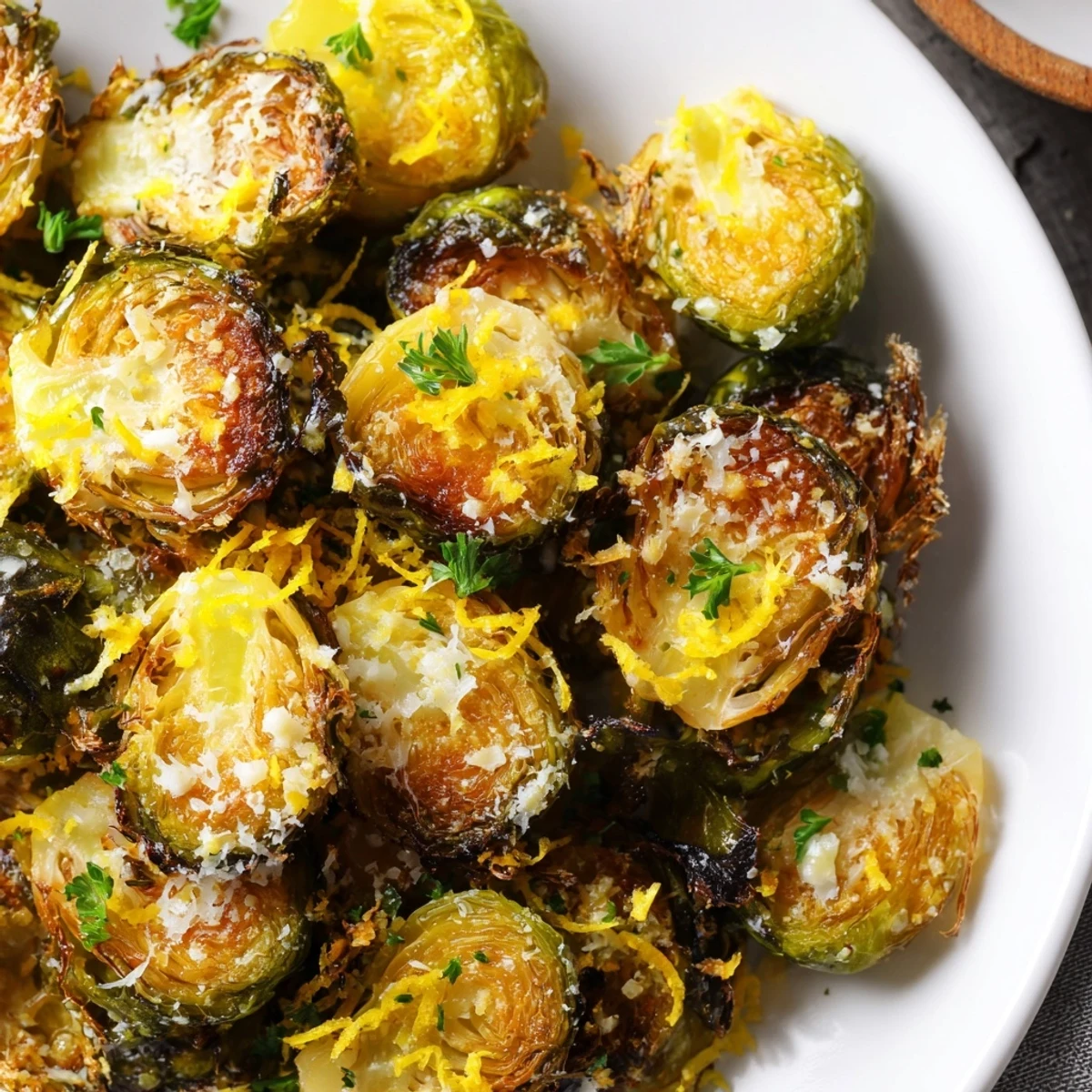 Garlic Parmesan Roasted Brussels on a plate, garnished with parsley and served alongside grilled chicken.