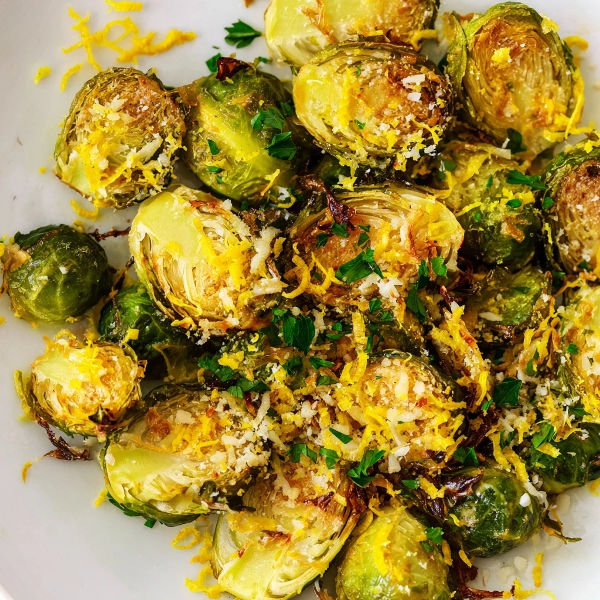 Close-up of Garlic Parmesan Roasted Brussels with glistening olive oil, Parmesan, and bright lemon juice.