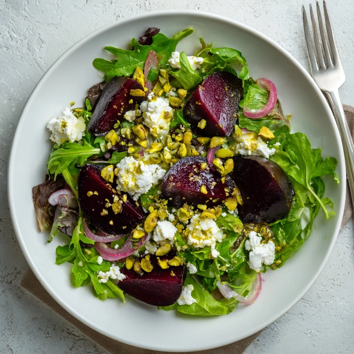 Roasted beet and pistachio salad with citrus dressing served on arugula, featuring golden beets and crunchy pistachios.