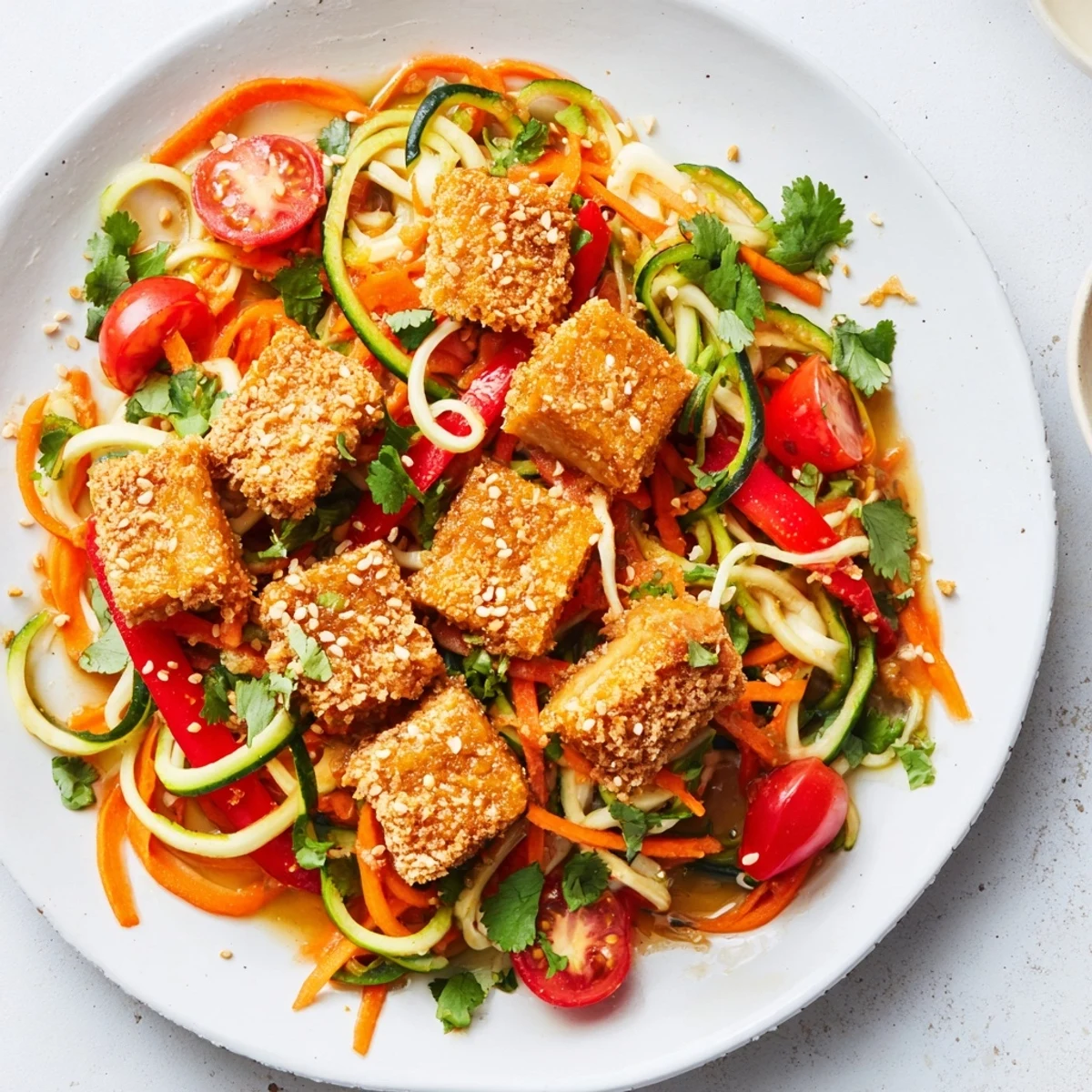 Golden crispy tempeh cubes glazed in garlic lime sauce on a bed of fresh zoodle salad.